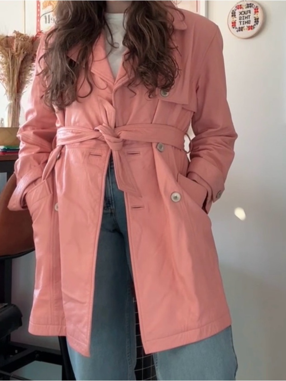 Vintage Womens Coral Pink Trench Coat with Belt